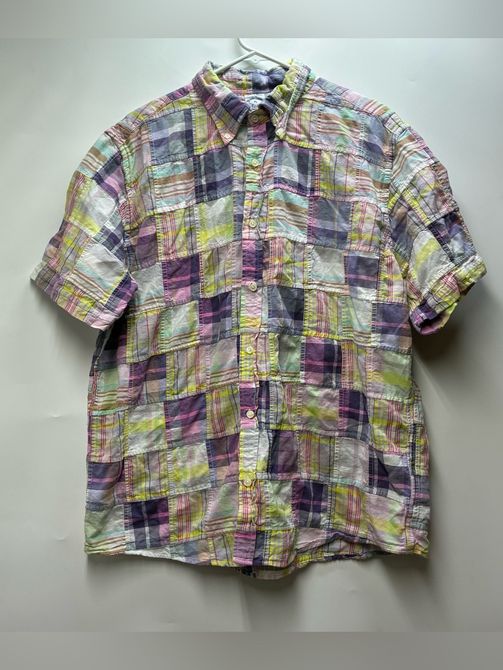 Brooks Brothers XL Madras Patchwork Purple Cotton Button Up Shirt Short Sleeve